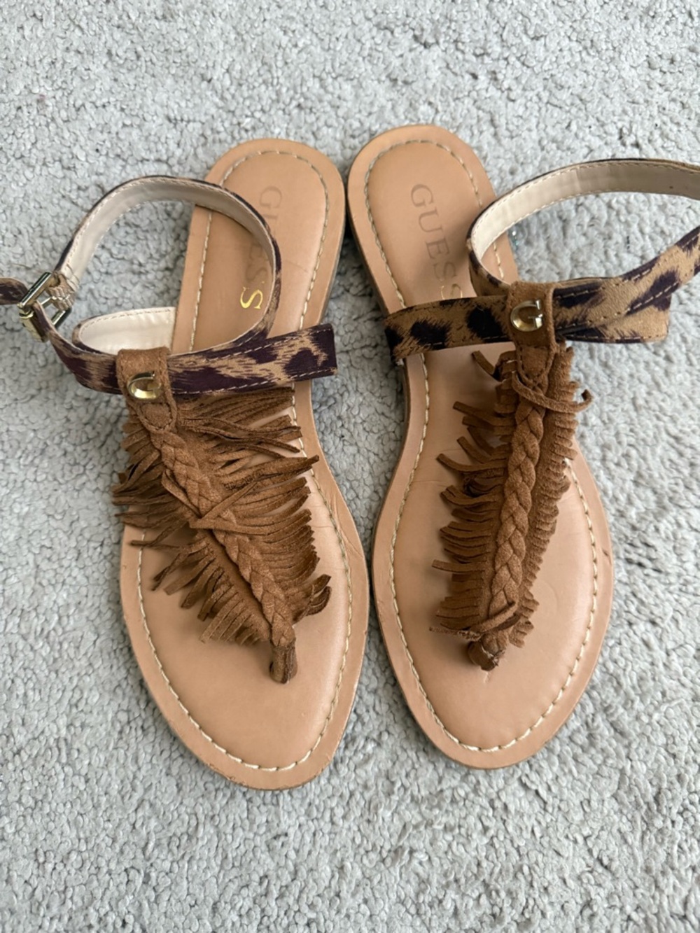 GUESS Braided Fringe T-Strap Sandals with Animal-Print Ankle Strap
